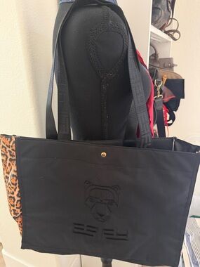 Black Tote Bag with Leopard Accent - Designer-Inspired
